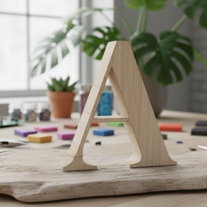 Puede incluir: Una gran letra "A" de madera, con veta natural, sobre una superficie de madera. La escena incluye bloques de colores, herramientas y una planta en maceta, sugiriendo un tema de artesanía o bricolaje. El fondo presenta una ventana y una planta en maceta más grande.