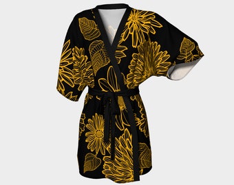 Kimono Robe | Black Sun Flower |  Bridal Wear Grooms' Wear , Spa Day| For Men & Women