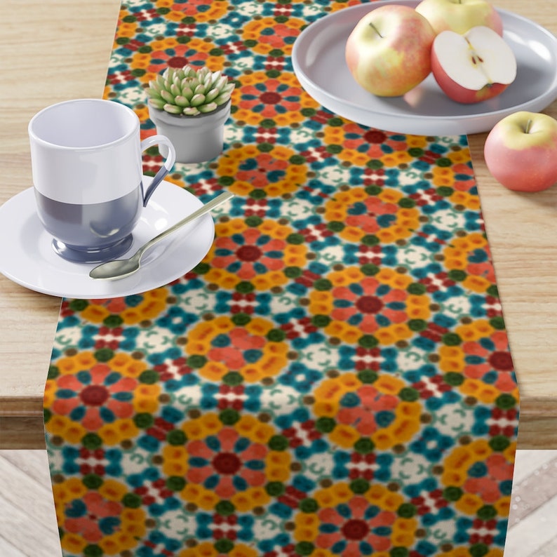 Modern Table Runner With Seasonal Theme 90 Inches Long Sunny Orange Grove Flower Patches image 4