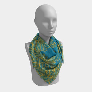 25 Inch Square Scarf Head Wrap or Tie Blue Yellow Summer Blooms Silky Soft Chiffon Material image 4