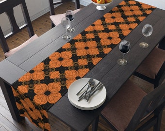 72 Inch Long Table Runner | Halloween Pumpkin Black | Polyester