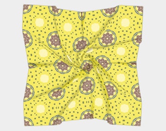 50 Inch Square Scarf Head Wrap or Tie | Golden Yellow Sun Design | Silky Soft Chiffon Material