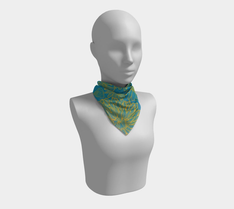 25 Inch Square Scarf Head Wrap or Tie Blue Yellow Summer Blooms Silky Soft Chiffon Material image 2