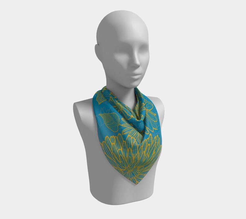 25 Inch Square Scarf Head Wrap or Tie Blue Yellow Summer Blooms Silky Soft Chiffon Material image 3