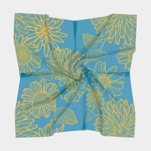 Square scarf. For head wrap, handkerchief, neck accessory. Silky chiffon fabric. Beautiful Yellow sun flowers on solid blue.