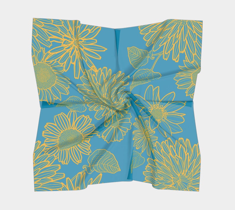 Square scarf. For head wrap, handkerchief, neck accessory. Silky chiffon fabric. Beautiful Yellow sun flowers on solid blue.