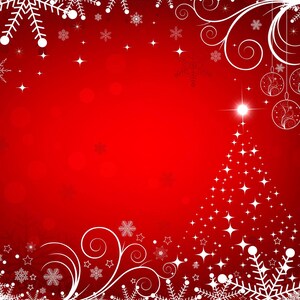 May include: Two silver forks are placed on a red napkin with a white snowflake and floral design.