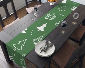 90" Long Table Runner Polyester | Christmas Trees in Green  | Cater Your Holiday Table With Seasonal Decor