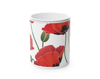 Color-Changing Mug | Red Poppies | 11 Ounces For Coffee Tea Or Cocoa