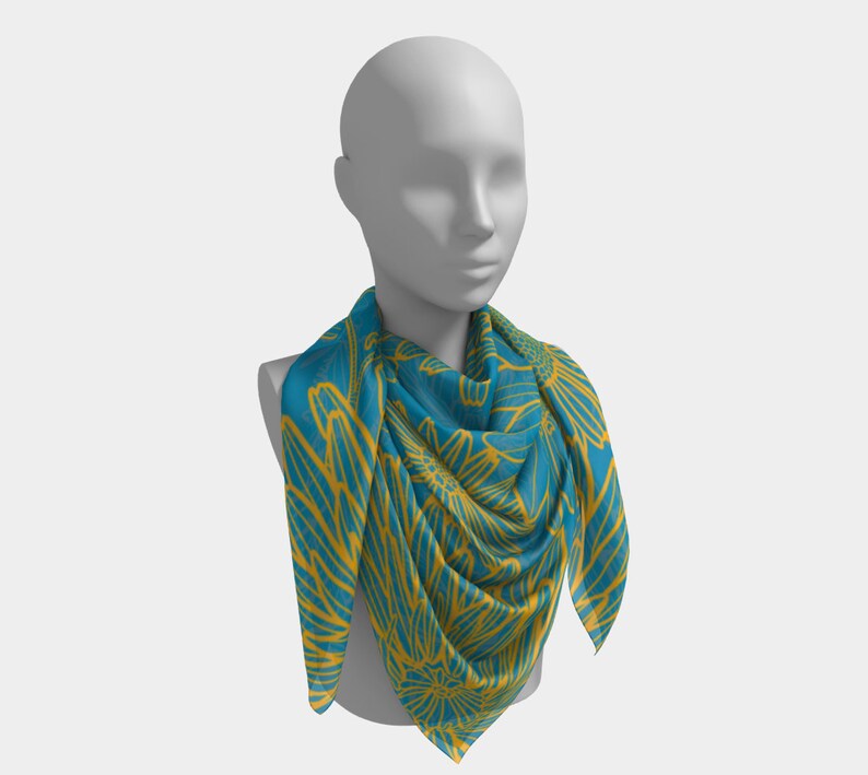 25 Inch Square Scarf Head Wrap or Tie Blue Yellow Summer Blooms Silky Soft Chiffon Material image 5