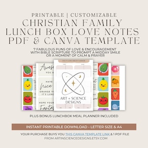May include: Printable Christian family lunch box love notes PDF and Canva template. Includes 7 puns of love and encouragement with Bible scripture. Features a daily lunchbox planner and bonus meal planner. Includes letter size and A4.
