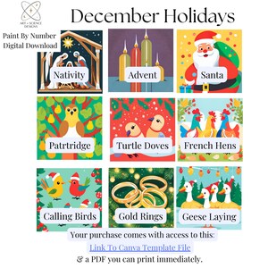 Pode incluir: Um gráfico de download digital com nove ilustrações temáticas de feriados. As imagens incluem uma cena de natividade, Papai Noel e vários animais como perdizes, rolas e gansos. O texto inclui "December Holidays" e os nomes de cada imagem.