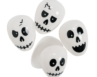12 Fillable Skull Plastic Easter Eggs-skeleton-head bones-cranium-cute goth-spooky season-fright night-Halloween Party decoration--one dozen