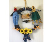 Crow Country 16-inch diameter Grapevine Wreath-comical fabric scarecrows-raven-Summer-Thanksgiving-grape vine-sunflowers-goth
