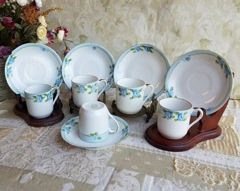 Vintage Noritake Demitasse Set: Baby Blue Flowers, Japan (Set of 5)