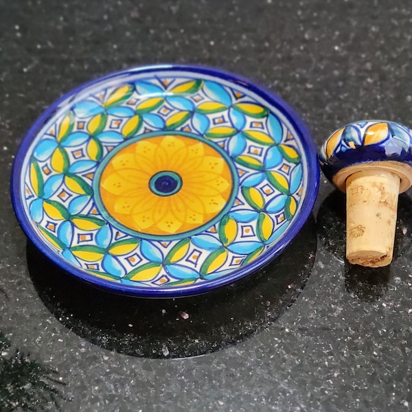 Italian Ceramic Bottle Cork Stopper and Snack Plate