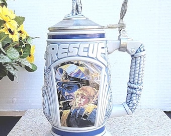 Avon Beer Stein with Hinge Lid -  Tribute To Rescue Workers Stein  - 9.75"H