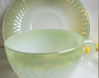 Vintage Federal Glass Moonglow Tea Cup Set: Iridescent Green Edge