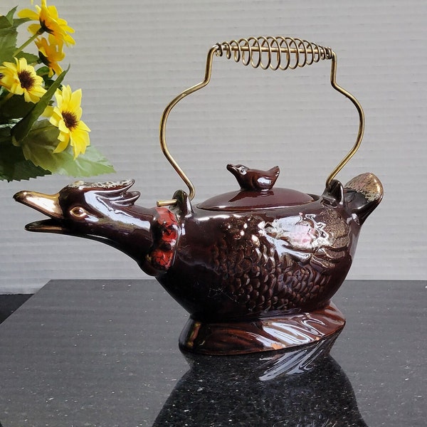 Japanese Redware Terra Cotta Brown Duck Teapot - 9.5"L