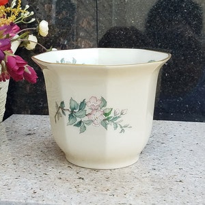 May include: A white ceramic planter with a gold rim and a floral design featuring pink flowers and green leaves.