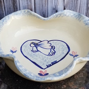 Ellis Production Heart Shaped Spongeware Bowl, Marshall Texas Ruffled Edge Bowl.