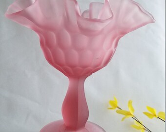 Vintage Pink Satin Round Ruffled Footed Compote or Candy Bowl