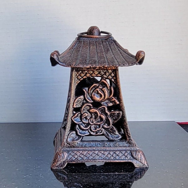 PartyLite Cast Iron Copper Finish Pagoda Lotus Candlestick Holder Lantern - 6.5"H