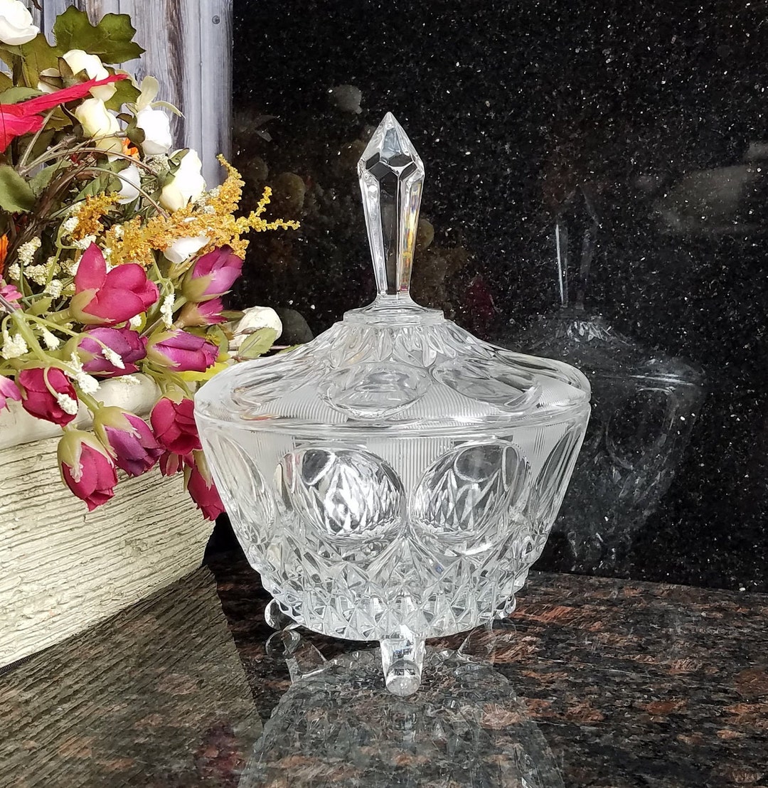 Vintage Crystal Lidded Candy Bowl 3 Footed With A Tall Finial Etsy Il 1080xN.4735256148 Amjn