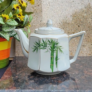 Japanese White Porcelain Teapot with Green Bamboo - 8.25&quot;L