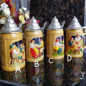 Vintage German Style Porcelain Beer Stein with Lid - Set of 4