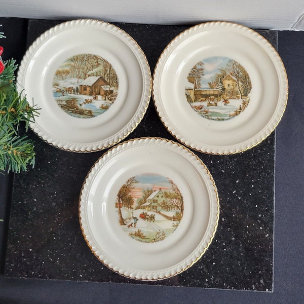 Hakerware USA Currier & Ives Dessert Plate -  Set of 3 with 3 different pattern)