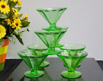 Green Depression Glass Footed Sherbert Dish - Set of 7