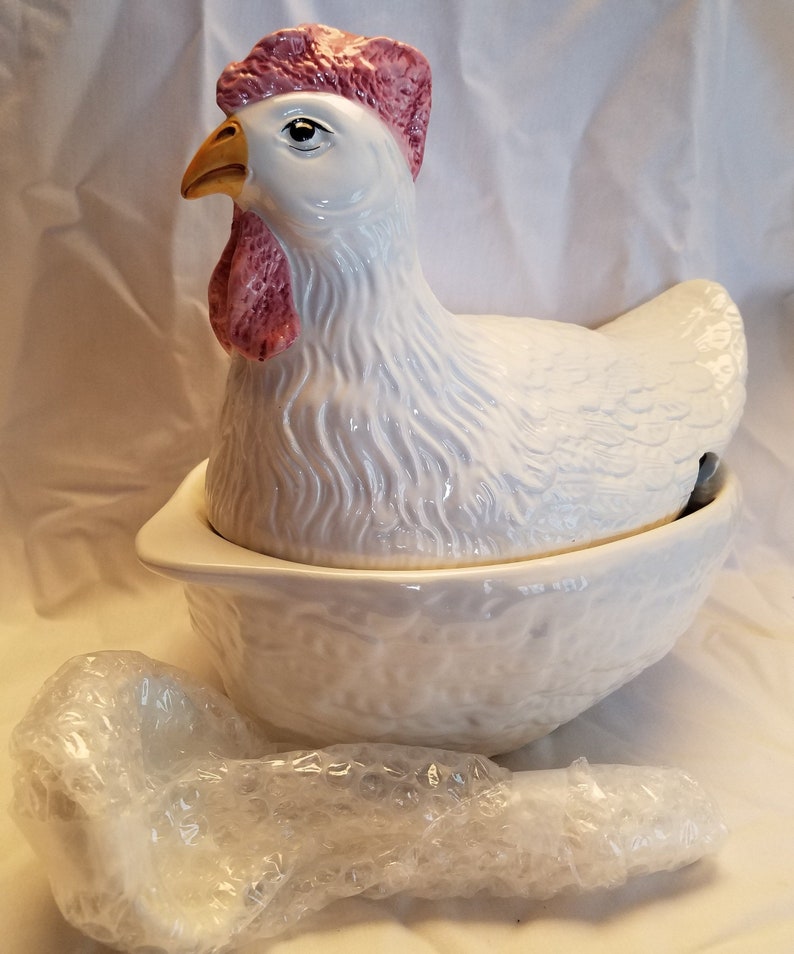 White Hen/Chicken Vintage SOUP TUREEN w/Soup Ladle/Made in Italy image 1