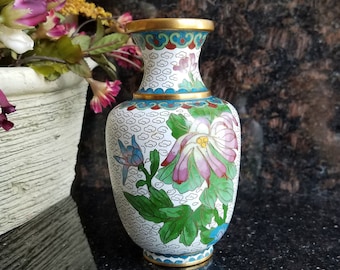 Vintage Asian Cloisonne Enamel Vase with Floral Decoration - 5"H