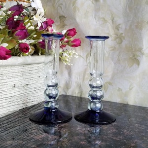 Vintage Cobalt Blue Glass Candlestick Holder - A pair