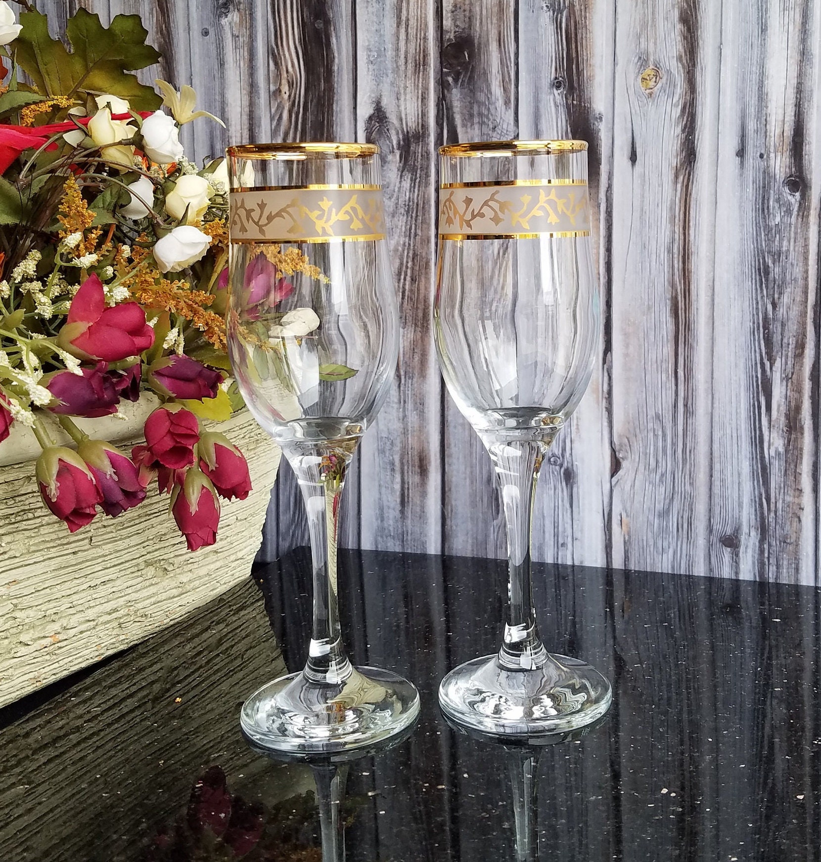 Set Of 2 Libbey Champagne Flutes Short Stem MCM Gold Roses Ribbons Bows Vtg