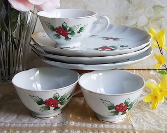 Juego de almuerzo navideño vintage: motivo de acebo, ribete dorado, Relco Japan (juego de 3)