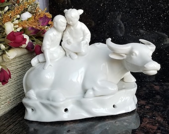 Chinese Blanc De Chine Water Buffalo And Children Figurine / White Water Buffalo Figurine - 8.75"L