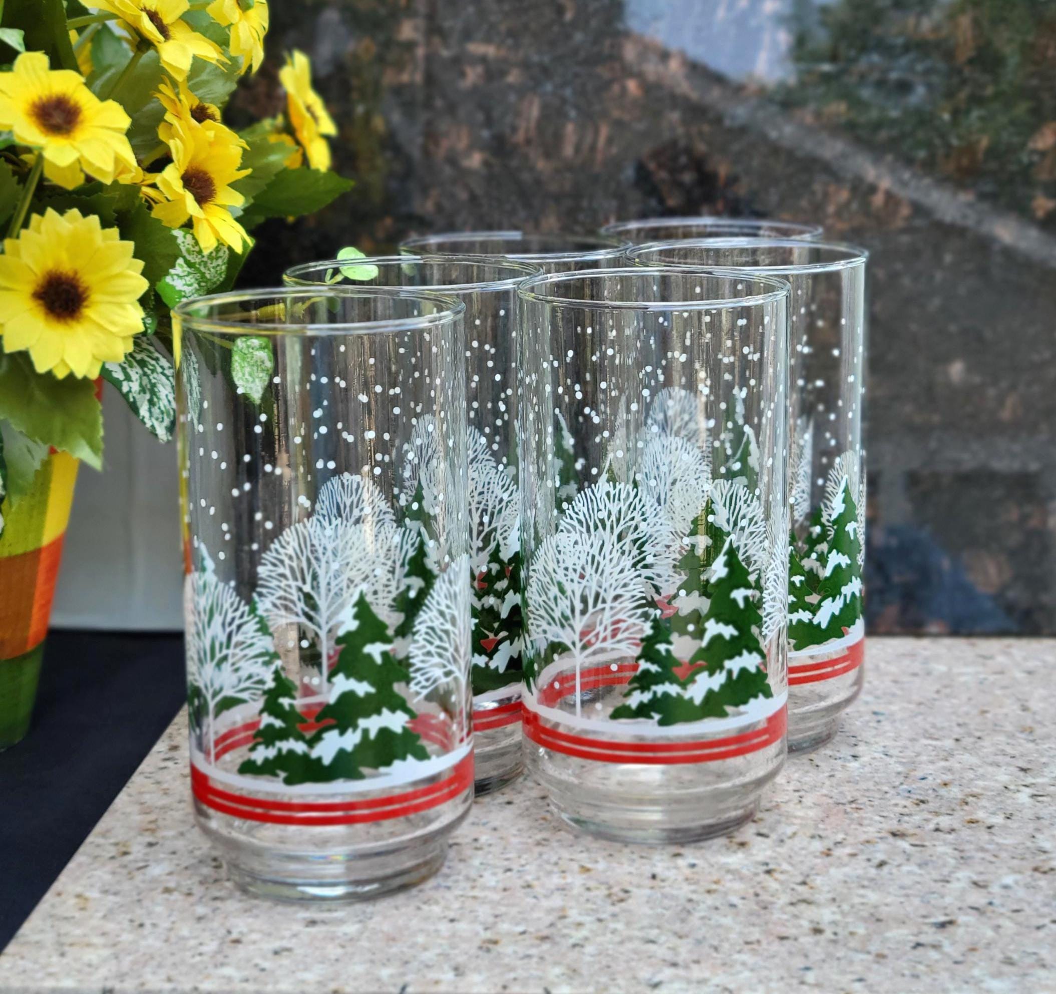 Vintage Libbey Holiday Christmas Trees Tumblers Drinking Glasses