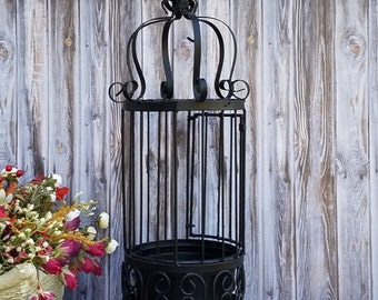 Vintage Wrought Iron Black Bird Cage / Plant Holder - 18.5"H