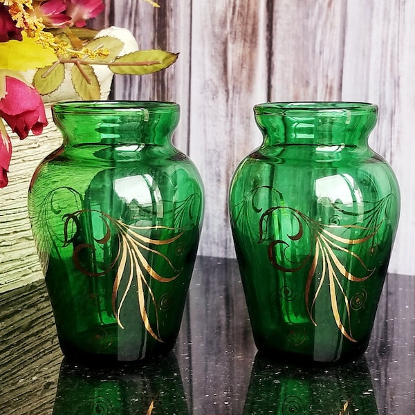 Anchor Hocking Forest Green Bud Vase with Gold Leave Design - A Pair