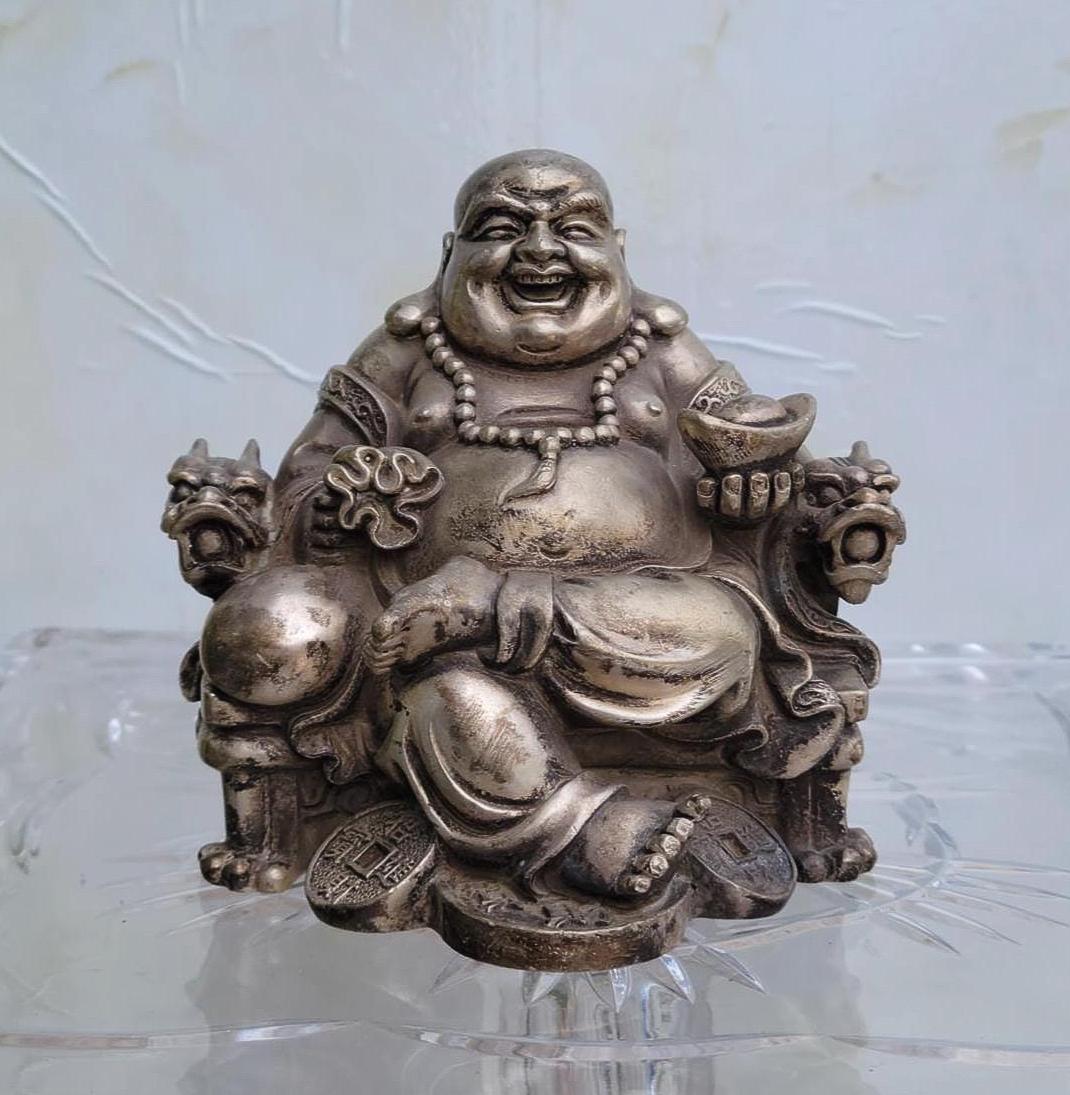 Vintage Laughing Buddha Sculpture: Hotei on Dragon Chair, Feng