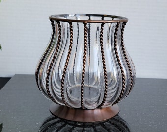Bulbous Gage Glass Metal Wire Pedestal Candlestick Holder / Vase - 5.25"H
