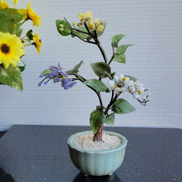 Asian Flower Glass Jade Bonsai Tree - 8"H