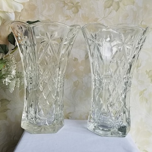 Beautiful Anchor Hocking Prescut EAPG Octagonal Shape Glass Vase - Set of 2