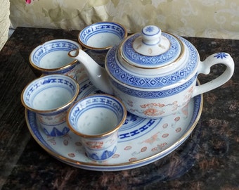 Vintage Oriental Blue and White Porcelain Tea Set with Gold Trim