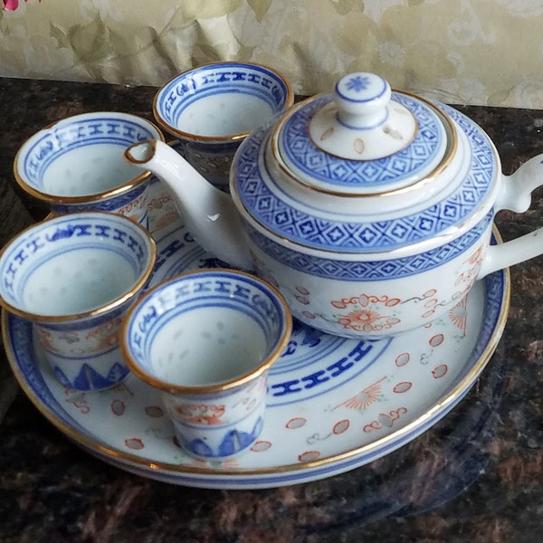 Vintage Oriental Blue and White Porcelain Tea Set with Gold Trim