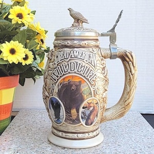 Avon Beer Stein with Hinged Lid - Tribute To American Wildlife Stein - 10&quot;H