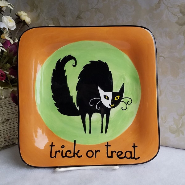 Vintage Certified International Ceramic Halloween Trick or Treat Black Cat Appetizer Platter -  8.5" SQ