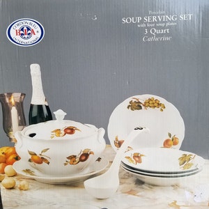 BIA Cordon Bleu Porcelain 3Qt Soup Serving Set &quot;CATHERINE&quot; w/4 Soup Plate/Underplate and Soup Ladle